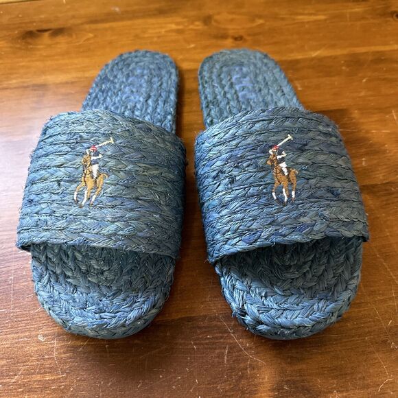 Polo Ralph Lauren Womens US 11 EU 43 Raffia Sandal Sheep Leather Blue Boho Beach - Picture 4 of 14